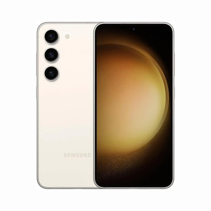 smart tech store Canada. next gen electronics shop. Premium Samsung Galaxy S23 Plus. Gallery image 2. The smartphone is positioned at a slight angle, showcasing its sleek design with a glossy, cream-colored back. The front display features a vibrant gradient, transitioning from dark to light, with a small circular camera cutout at the top center. Three rear cameras are visible on the left side, each encased in a circular lens housing.