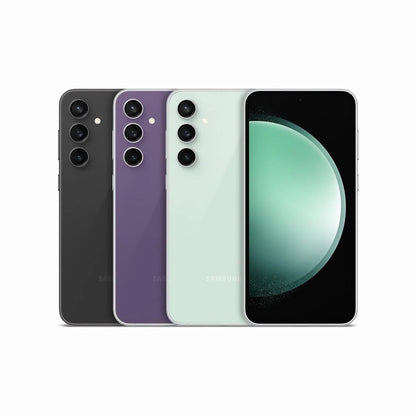 future tech gadgets Canada. smart tech store Canada. Premium Samsung Galaxy S23 FE. Gallery image 10. Four smartphones are arranged in a row, showcasing different colors: black, purple, mint green, and a front view of a screen displaying a soft green circular graphic. The devices are angled slightly, with the black and purple phones positioned behind the mint green one. The background is a seamless white, emphasizing the sleek design of the phones.