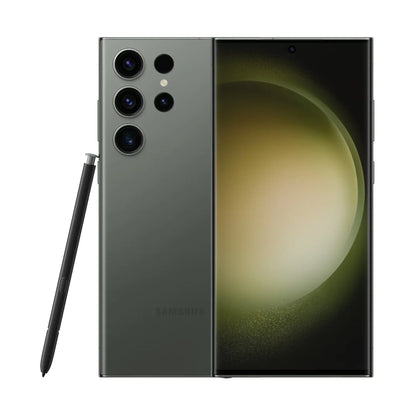 cutting edge electronics online Canada. smart tech store Canada. Premium Samsung Galaxy S23 Ultra. Gallery image 2. The smartphone is displayed at a slight angle, showcasing its sleek design and a large screen that occupies most of the front. The body is a matte dark green, with a glossy black screen that features a subtle gradient background. On the left side, three prominent camera lenses are visible, along with a small flash.