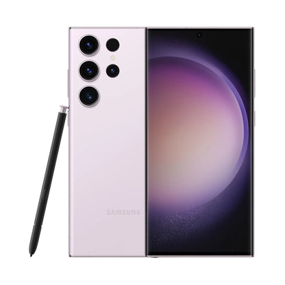 cutting edge electronics online Canada. smart tech store Canada. Premium Samsung Galaxy S23 Ultra. Gallery image 3. The smartphone is positioned centrally, showcasing its sleek design with a light pink matte finish. The display features a vibrant purple and black gradient, highlighting the edge-to-edge screen. On the left side, three camera lenses are visible, along with a small LED light, while the black stylus is partially inserted into the device.