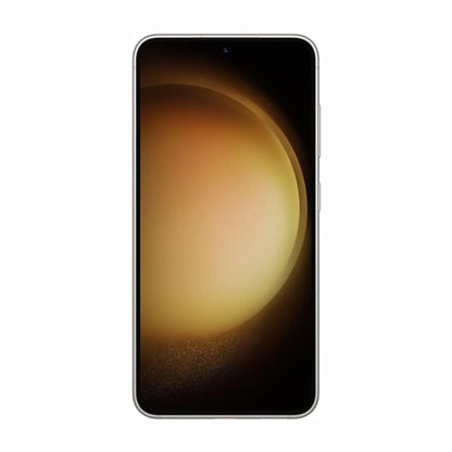 smart tech store Canada. next gen electronics shop. Premium Samsung Galaxy S23 Plus. Gallery image 5. The smartphone is centered in the frame, showcasing a sleek design with a glossy finish. The screen displays a warm gradient of gold and brown tones, resembling a soft, glowing orb. The edges of the device are rounded, and the thin bezel enhances the modern look. The background is a seamless white, providing a clean contrast to the phone.