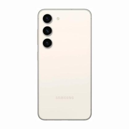smart tech store Canada. next gen electronics shop. Premium Samsung Galaxy S23 Plus. Gallery image 6. The smartphone is centered in the frame, showcasing its sleek, glossy white back. Three circular camera lenses are aligned vertically on the left side, with a small lens above them. The bottom features the brand name "SAMSUNG" in subtle lettering. The background is plain, allowing the device's design to stand out.
