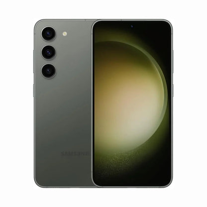 smart tech store Canada. next gen electronics shop. Premium Samsung Galaxy S23 Plus. Gallery image 3. The smartphone is displayed at a slight angle, showcasing both its front and back. The back features a matte grey finish with three circular camera lenses aligned vertically, along with a small flash. The front screen is dark, displaying a soft gradient with a circular cutout for the front camera at the top center.