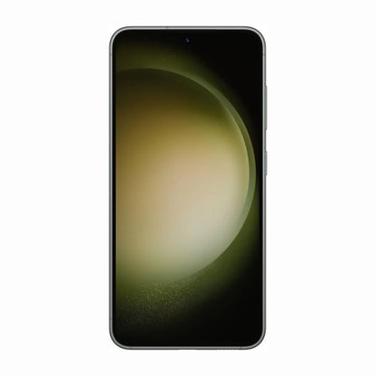 smart tech store Canada. next gen electronics shop. Premium Samsung Galaxy S23 Plus. Gallery image 7. The smartphone is centered in the frame, displayed front-facing against a seamless white background. The screen features a gradient design with soft hues of green and gold, creating a visually striking effect. The device has a slim profile with a glossy finish, and a small front-facing camera is visible at the top center of the screen.