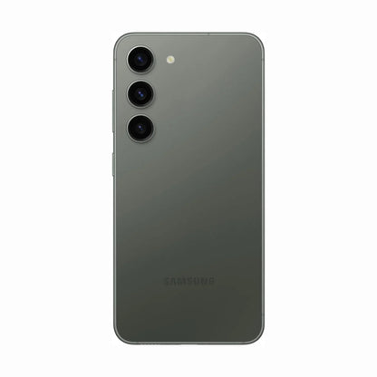 smart tech store Canada. next gen electronics shop. Premium Samsung Galaxy S23. Gallery image 5. The image shows the back of a smartphone, positioned centrally against a plain white background. The device features a matte green finish and is equipped with three circular camera lenses arranged vertically, along with a small flash to the right. The brand name "SAMSUNG" is subtly embossed near the bottom.