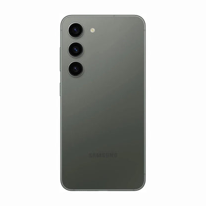 smart tech store Canada. next gen electronics shop. Premium Samsung Galaxy S23 Plus. Gallery image 8. The smartphone is centered in the frame, showcasing its sleek, matte dark green back. Three circular camera lenses are aligned vertically on the left side, with a small flash positioned above the bottom lens. The surface beneath the phone is plain white, emphasizing the device's minimalist design. The lighting is soft, highlighting the smooth texture of the phone's body.