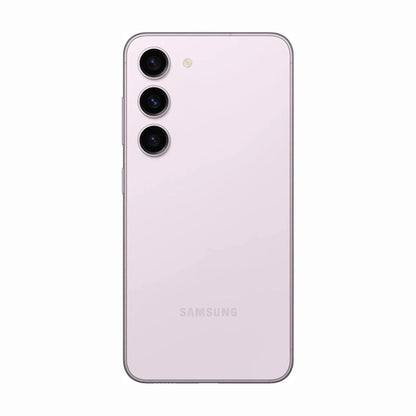 smart tech store Canada. next gen electronics shop. Premium Samsung Galaxy S23 Plus. Gallery image 10. The smartphone is centered in the frame, showcasing its sleek, pastel pink back. Three circular camera lenses are aligned vertically on the left side, with a small flash above them. The surface is smooth and glossy, reflecting light subtly. The bottom of the device features the brand name "SAMSUNG" printed in a light color.
