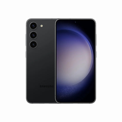 smart tech store Canada. next gen electronics shop. Premium Samsung Galaxy S23. Gallery image 2. The smartphone is centered in the frame, showcasing both its front and back. The back features a matte black finish with three circular camera lenses aligned vertically, while the front displays a large, edge-to-edge screen with a subtle gradient from dark to light blue. The device is set against a seamless white background, enhancing its sleek design.