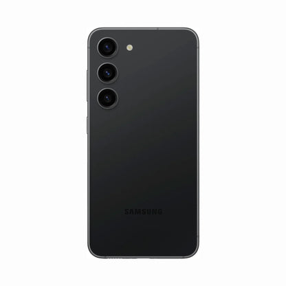 smart tech store Canada. next gen electronics shop. Premium Samsung Galaxy S23. Gallery image 8. The image shows the back of a sleek black smartphone, centered in the frame against a plain white background. The surface of the phone has a glossy finish, reflecting light subtly. Three circular camera lenses are arranged vertically in the upper left corner, accompanied by a small flash. The brand name "SAMSUNG" is printed in a simple font near the bottom.