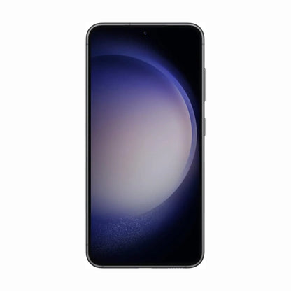 smart tech store Canada. next gen electronics shop. Premium Samsung Galaxy S23 Plus. Gallery image 11. The smartphone is centered in the frame, displaying a vibrant screen with a gradient background transitioning from deep blue to soft purple. The device has a sleek, black body with rounded edges and a small front-facing camera hole at the top center of the screen. The background is a seamless white, emphasizing the phone's design.