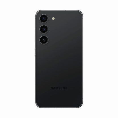 smart tech store Canada. next gen electronics shop. Premium Samsung Galaxy S23 Plus. Gallery image 12. The smartphone is centered in the frame, showcasing its sleek black back. Three circular camera lenses are aligned vertically on the left side, with a small flash above the top lens. The surface is smooth and glossy, reflecting light subtly. The brand name "SAMSUNG" is printed in a small, unobtrusive font near the bottom.