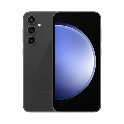 future tech gadgets Canada. smart tech store Canada. Premium Samsung Galaxy S23 FE. Gallery image 3. The smartphone is positioned centrally, showcasing both the front and back. The back features a matte black finish with three circular camera lenses arranged vertically, along with a small flash. The front displays a vibrant screen with a blue gradient, highlighted by a small circular cutout for the front camera at the top center.