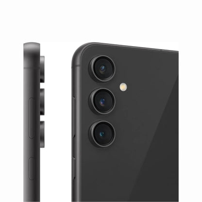 future tech gadgets Canada. smart tech store Canada. Premium Samsung Galaxy S23 FE. Gallery image 5. The image shows a sleek black smartphone positioned at a slight angle, revealing its side and back. The back features three circular camera lenses arranged vertically, with a small flash located between the second and third lenses. The device has a matte finish, giving it a modern look. On the left side, two buttons are visible, along with a third button slightly lower down.