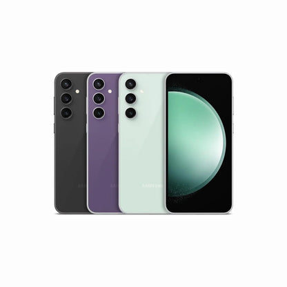 future tech gadgets Canada. smart tech store Canada. Premium Samsung Galaxy S23 FE. Gallery image 6. Four smartphones are arranged in a row, with the first three positioned at an angle and the fourth directly facing the viewer. The devices feature a matte finish in black, purple, and mint green, with three circular camera lenses on the back of each. The front phone displays a vibrant screen with a large circular graphic. The background is a seamless white, emphasizing the colors of the phones.