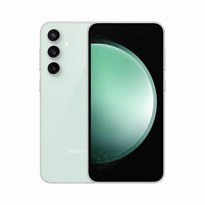 future tech gadgets Canada. smart tech store Canada. Premium Samsung Galaxy S23 FE. Gallery image 4. The smartphone is positioned at an angle, showcasing both its front and back. The back features a soft mint green finish with three circular camera lenses aligned vertically, accompanied by a small flash. The front displays a vibrant black screen with a subtle green circular graphic, indicating an active display.