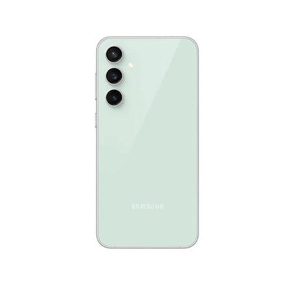 future tech gadgets Canada. smart tech store Canada. Premium Samsung Galaxy S23 FE. Gallery image 7. The image shows a mint green smartphone positioned upright and centered against a plain white background. The back of the phone features three circular camera lenses arranged vertically on the left side, with a small flash located above the top lens. The surface of the phone has a glossy finish that reflects light, enhancing its sleek appearance.