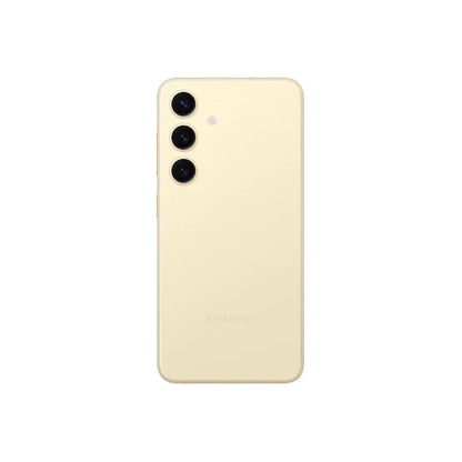 smart tech store Canada. premium tech accessories Canada. Premium Samsung Galaxy S24. Gallery image 7. The image shows the back of a smartphone, centered in the frame against a plain white background. The device features a smooth, matte finish in a soft yellow color. Three circular camera lenses are aligned vertically on the left side, with the top lens being slightly larger. Below the lenses, the word "SAMSUNG" is printed in a subtle, light font.