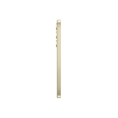 smart tech store Canada. premium tech accessories Canada. Premium Samsung Galaxy S24. Gallery image 8. The product is shown from a side angle, highlighting its slim profile against a seamless white background. The device has a gold finish with a matte texture, giving it a sleek appearance. On the side, three buttons are visible, positioned vertically, with a smooth edge leading to the bottom.