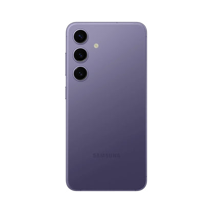 smart tech store Canada. premium tech accessories Canada. Premium Samsung Galaxy S24. Gallery image 10. The smartphone is centered in the frame, showcasing its sleek, matte purple back. Three circular camera lenses are aligned vertically on the left side, with a small flash above the top lens. The surface is smooth and glossy, reflecting soft light, while the background is a seamless white, emphasizing the device.