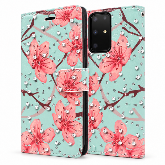 Diamond Wallet with Floral Design Case for Samsung Galaxy S20 Plus - Teal