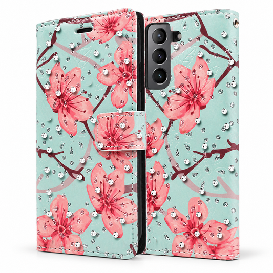 Diamond Wallet w/ Floral Design for Samsung Galaxy S23 Plus - Teal