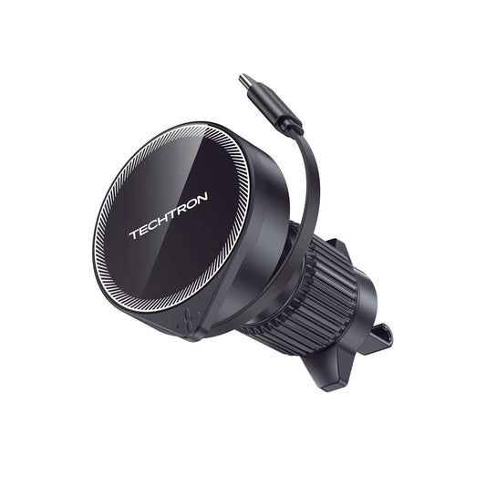smart tech store Canada. premium tech accessories Canada. Techtron X73 15W Magsafe Charger and Car Mount Black. Gallery image 1. The product is a black circular device with a glossy finish, prominently displaying the "TECHTRON" logo in white at the center. It is angled slightly to the right, showcasing a textured grip on the side, which suggests it may be designed for mounting. A thin cable extends from the top, indicating a power connection.