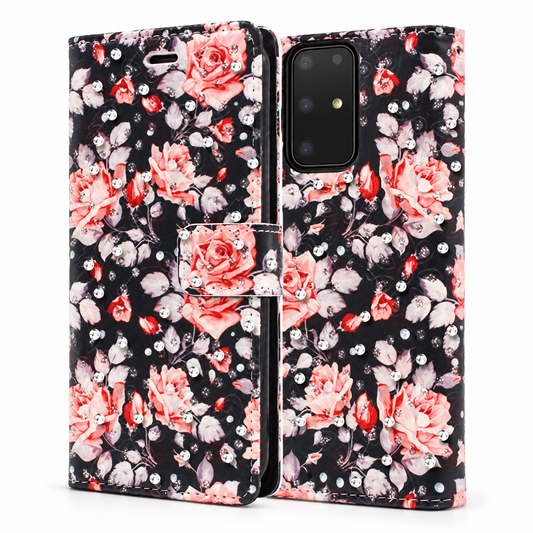 Diamond Wallet with Floral Design Case for Samsung Galaxy S20 Plus - Black