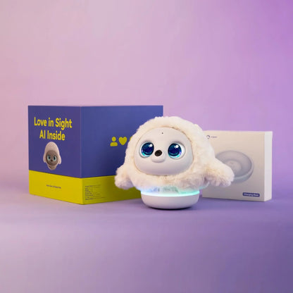 future tech gadgets Canada. smart tech store Canada. Ropet Your Next-Generation AI Robot Pet. Gallery image 2. A cute, plush toy resembling a sloth is centered in the foreground, featuring large, expressive blue eyes and a fluffy white exterior. It sits atop a round, illuminated base that emits a soft glow.