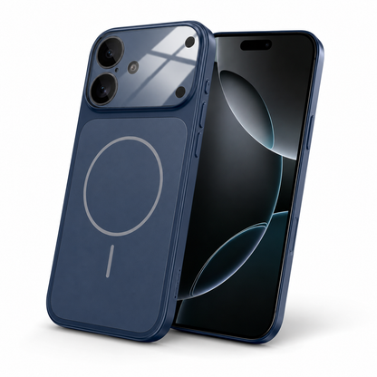 Premium Navy iPhone 16 Protective Phone Case with AG Glass Back and MagSafe