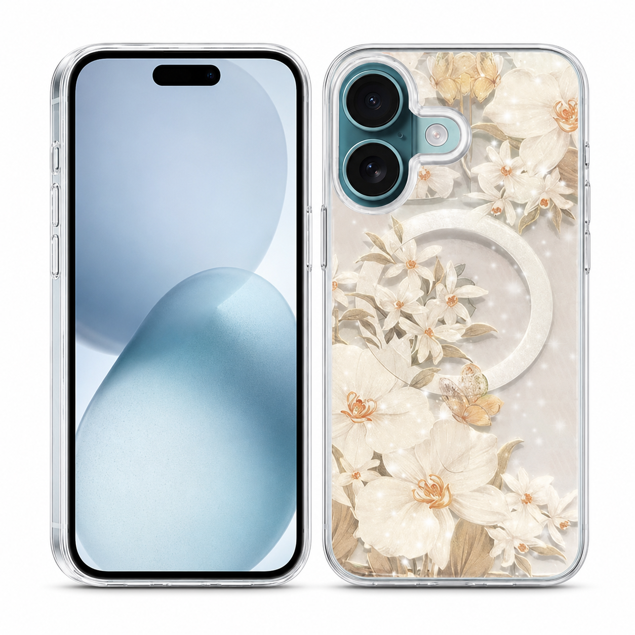 White Floral MagSafe Case, Apple iPhone 16 Case, Transparent Protective Phone Cover, Designer Mobile Cover