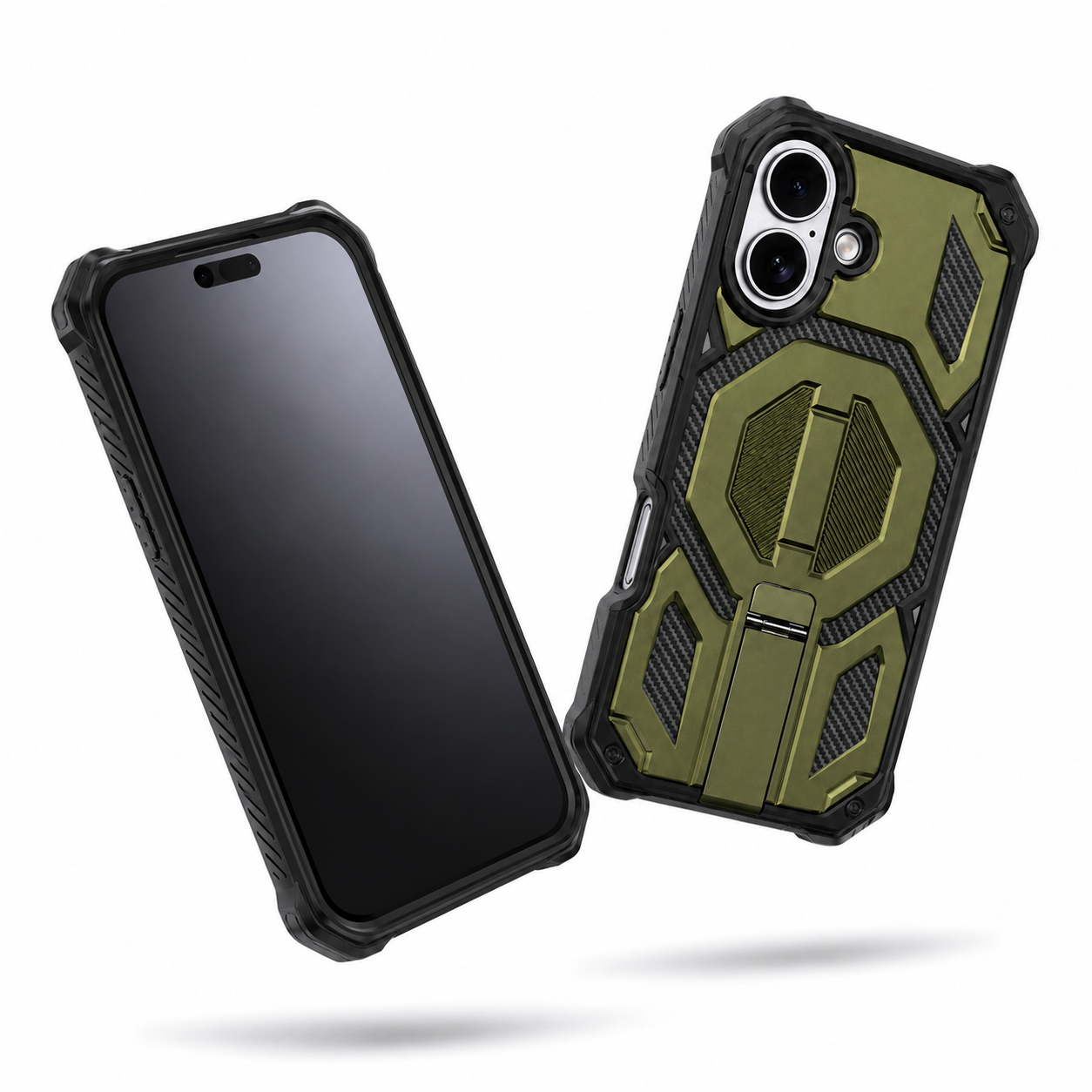 Green iPhone 17 case with military grade case protection, black bumper edges, and foldable kickstand
