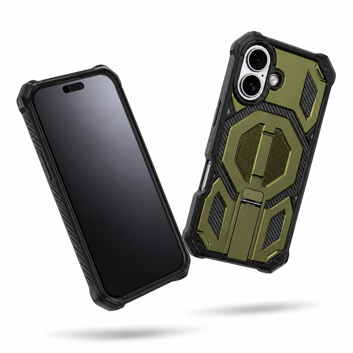 Green iPhone 16 case with military grade case protection, black bumper edges, and foldable kickstand