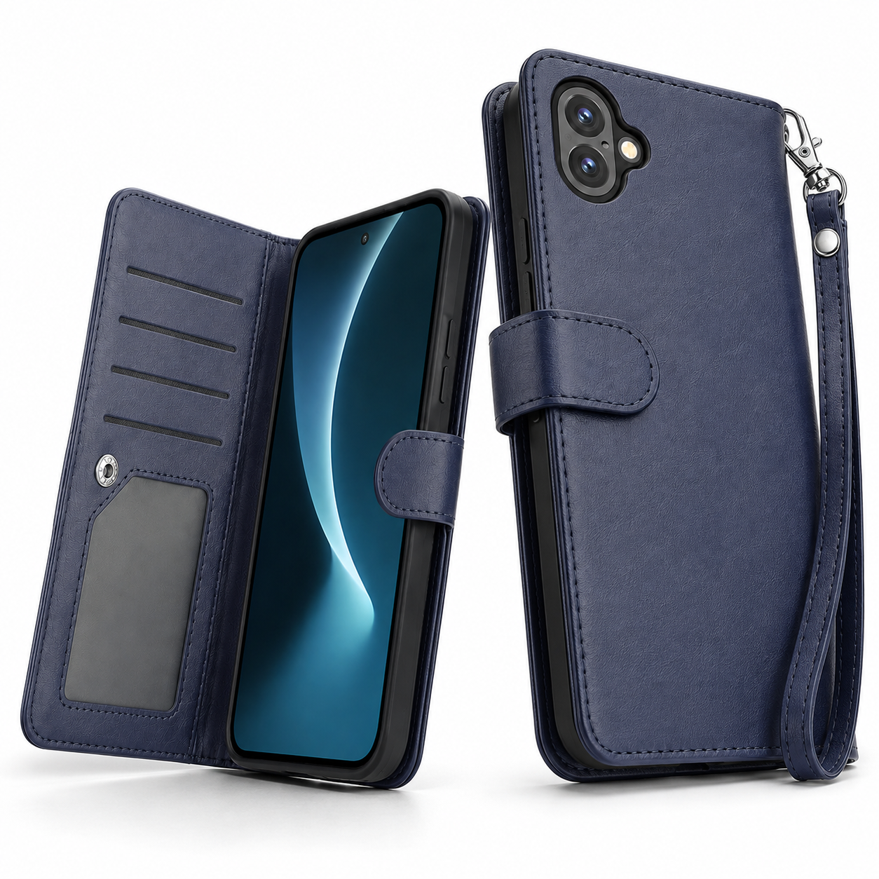 Detachable bifold card holder case for iPhone 17 in navy