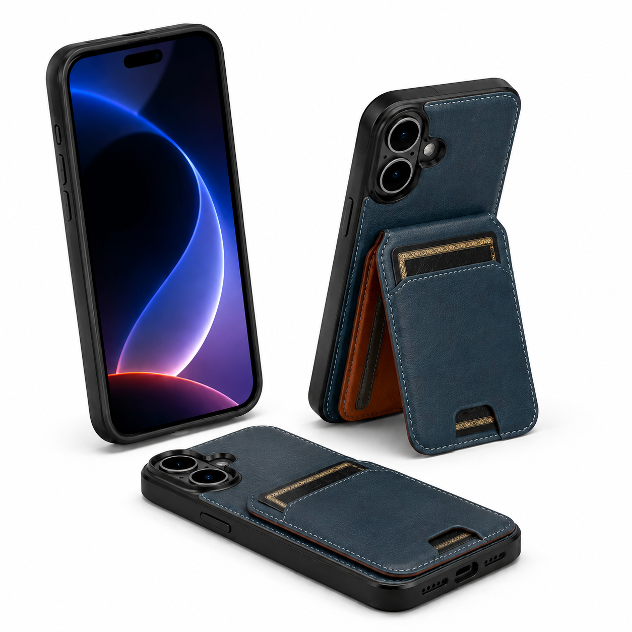 Apple iPhone 16 Navy Wallet Phone Case with Magnetic Kickstand and Card Holder