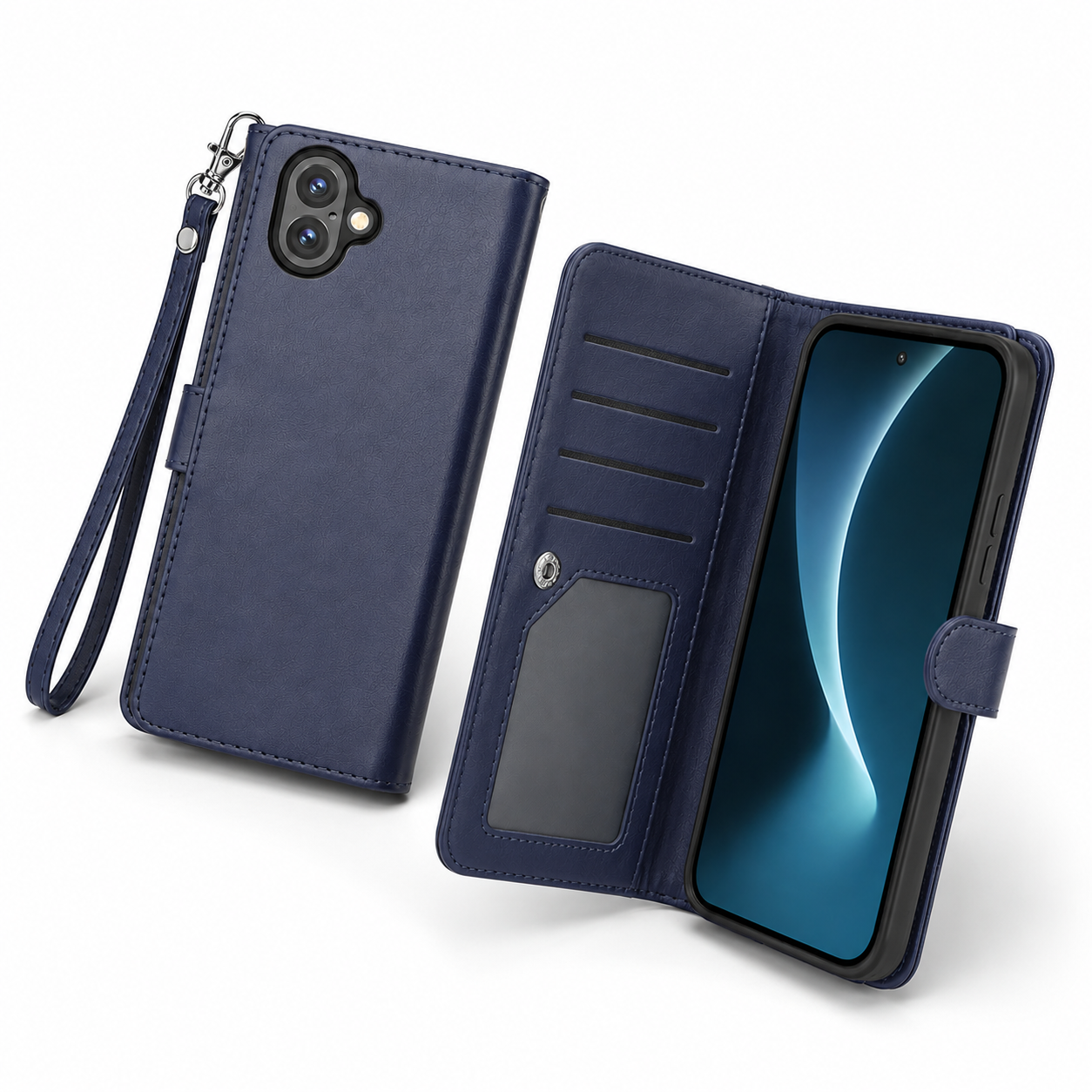 Apple iPhone 17 navy wallet phone case with nine card slots
