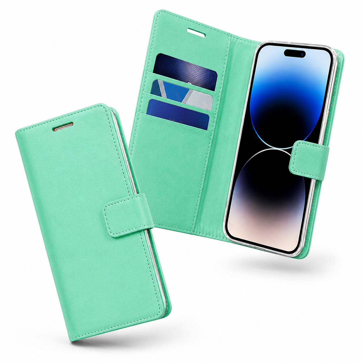 Shockproof teal leather-style diary case for Apple iPhone 17