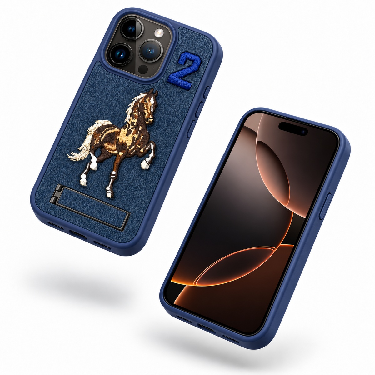 Slim blue iPhone 12 Pro horse design kickstand case