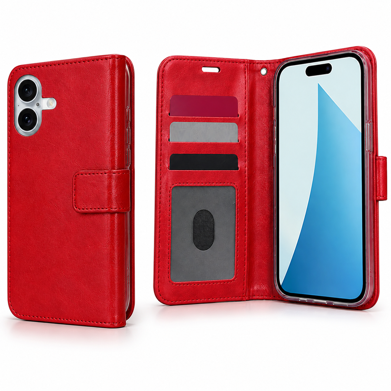 Apple iPhone 16 red wallet phone case with transparent ID window