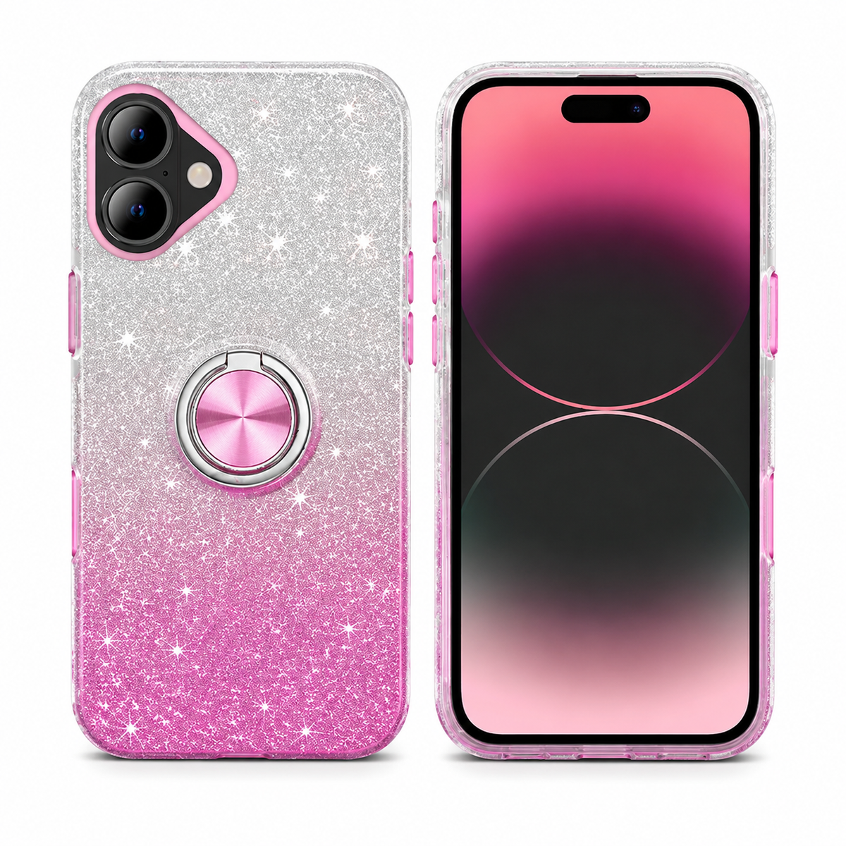 Pink and silver 3-in-1 glitter ring case for Apple iPhone 16