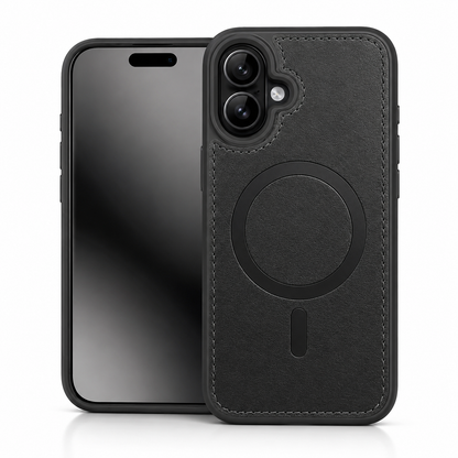 Black MagSafe Rich Craft Case, Apple iPhone 17 Case, Leather Texture Phone Cover, Shockproof Protective Case