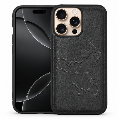 Black HRY Crafted protective case for Apple iPhone 12 / 12 Pro with Haryana map design.