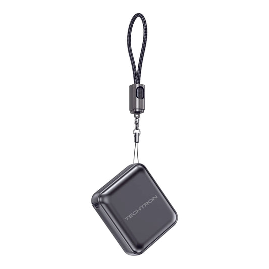 Techtron PA-5 10000mAh Mini Power Bank featuring a compact gunmetal design, detachable lanyard, 22.5W fast charging, Type-C input and output, 4 battery indicator lights, portable charger use, phone charging, backup battery power, and everyday charging for iPhone, Samsung, Android, Samsung Galaxy, Google Pixel, earbuds, smartwatches, and tech accessories.

Find Techtron PA-5 10000mAh mini power bank at techtron.ca, amazon, walmart, bestbuy, costco, and shein.