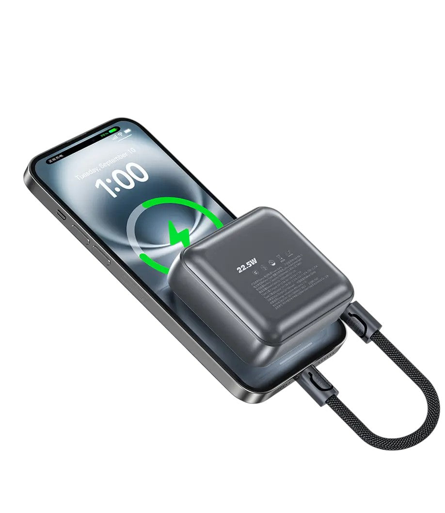 Techtron PA-5 10000mAh Power Bank designed as a small everyday battery pack with a compact gunmetal body, detachable lanyard for easy carrying, 4 battery indicator lights, 22.5W fast charging, Type-C input and output, and reliable backup power for phones, iPhone, Android, Samsung Galaxy, Google Pixel, earbuds, smartwatches, and portable tech accessories.

Find Techtron PA-5 10000mAh mini power bank at techtron.ca, amazon, walmart, bestbuy, costco, and shein.