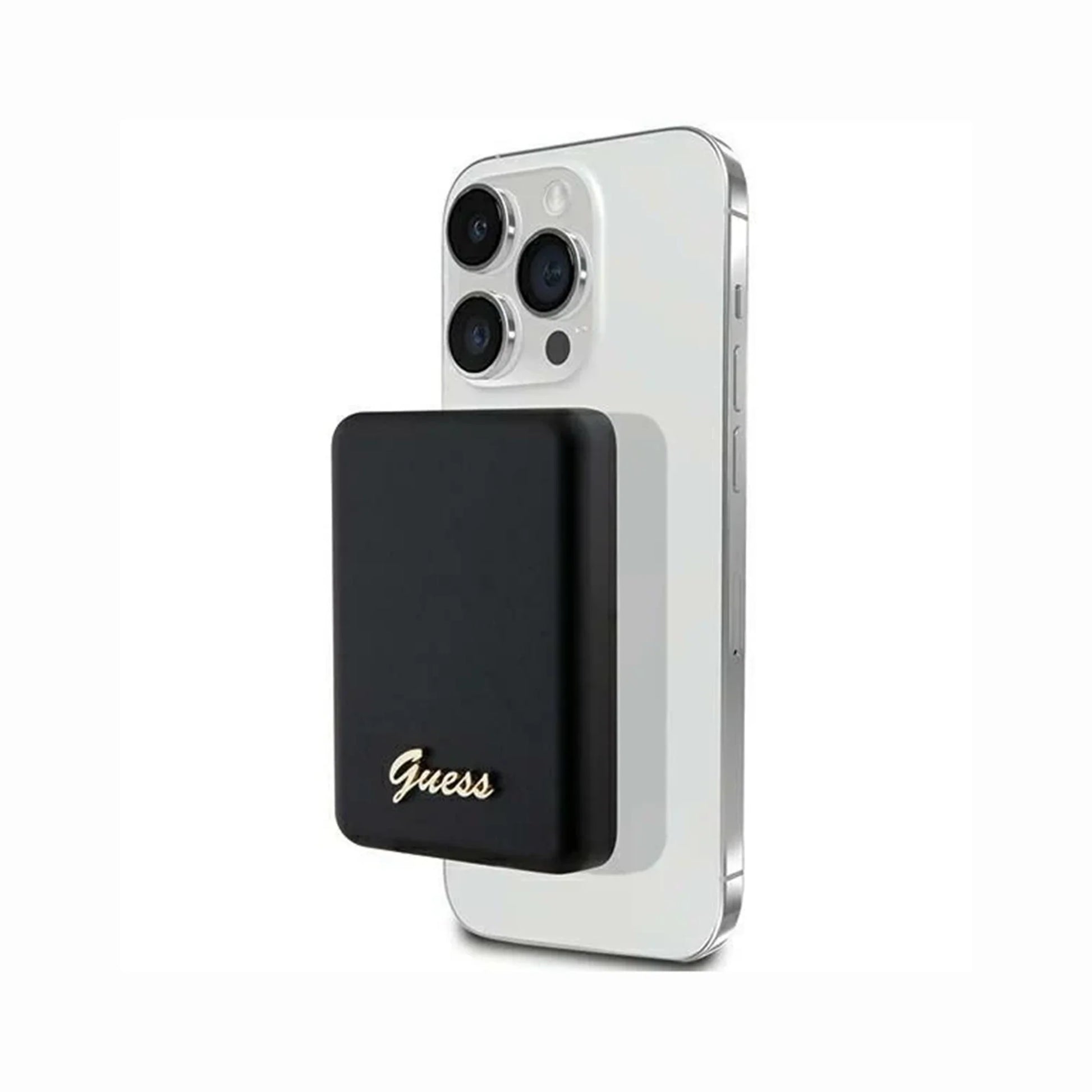 Guess designer wireless portable charger featuring aluminum and silicone construction, large metal Guess script logo, LED battery indicators, and compact 83 x 60 x 14mm size.