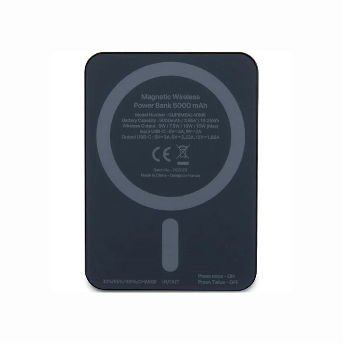 Guess Metal Script Logo MagSafe Power Bank 5000mAh with premium black finish, magnetic wireless charging, 15W wireless power, USB-C input and output, and compact designer style.