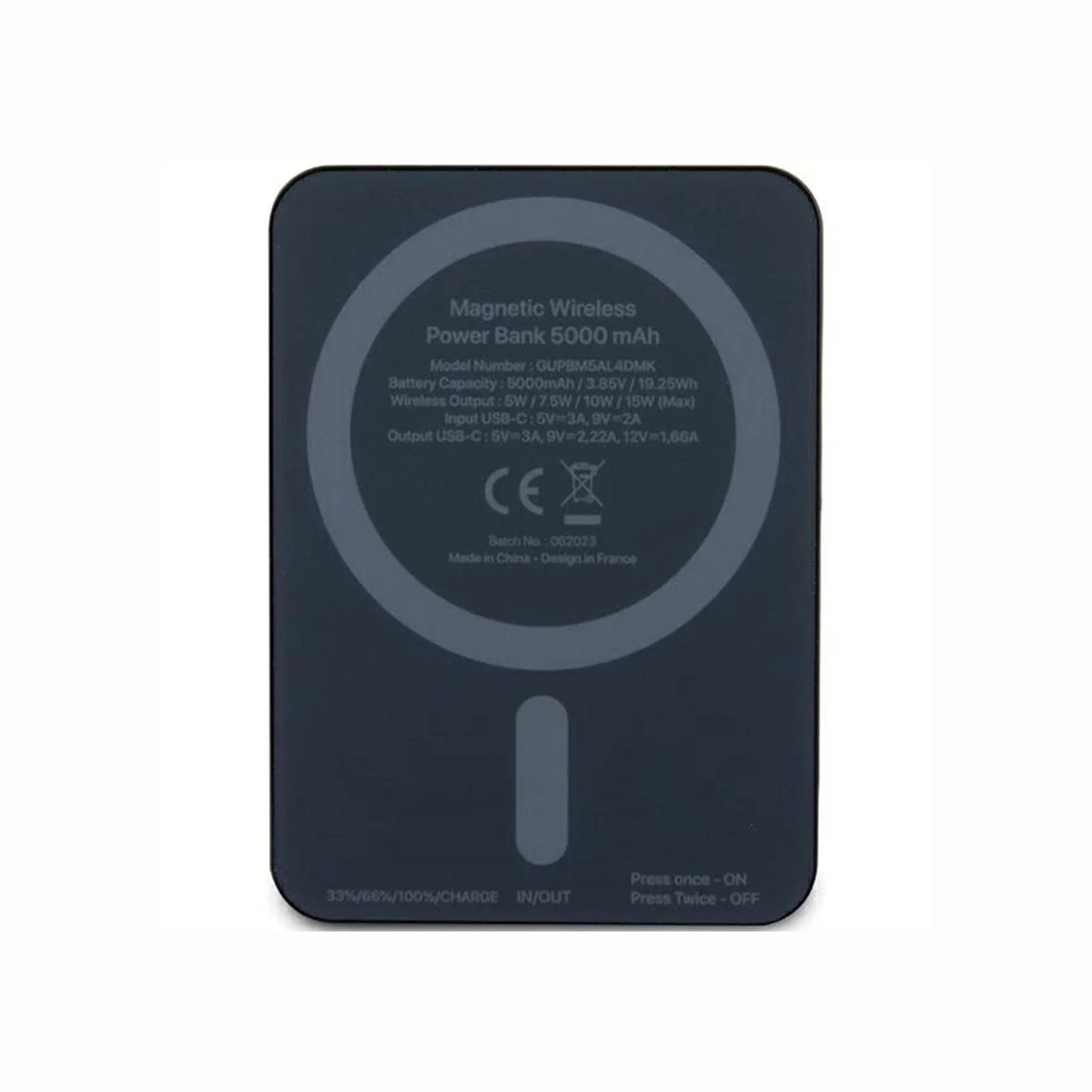 Guess Metal Script Logo MagSafe Power Bank 5000mAh with premium black finish, magnetic wireless charging, 15W wireless power, USB-C input and output, and compact designer style.