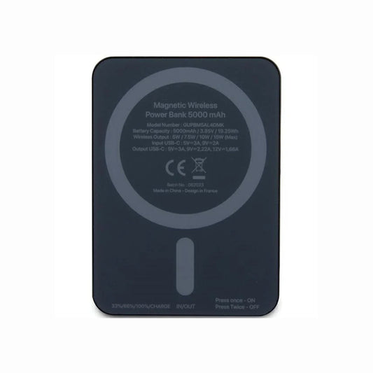 Guess Metal Script Logo MagSafe Power Bank 5000mAh with premium black finish, magnetic wireless charging, 15W wireless power, USB-C input and output, and compact designer style.