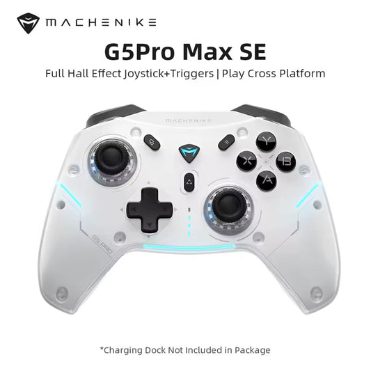 Machenike G5 Pro Max SE Wireless Controller featuring Hall Effect sticks, Hall triggers, 6-axis gyro, RGB backlight, charging dock, tri-mode connectivity, and PC Switch mobile gaming support.