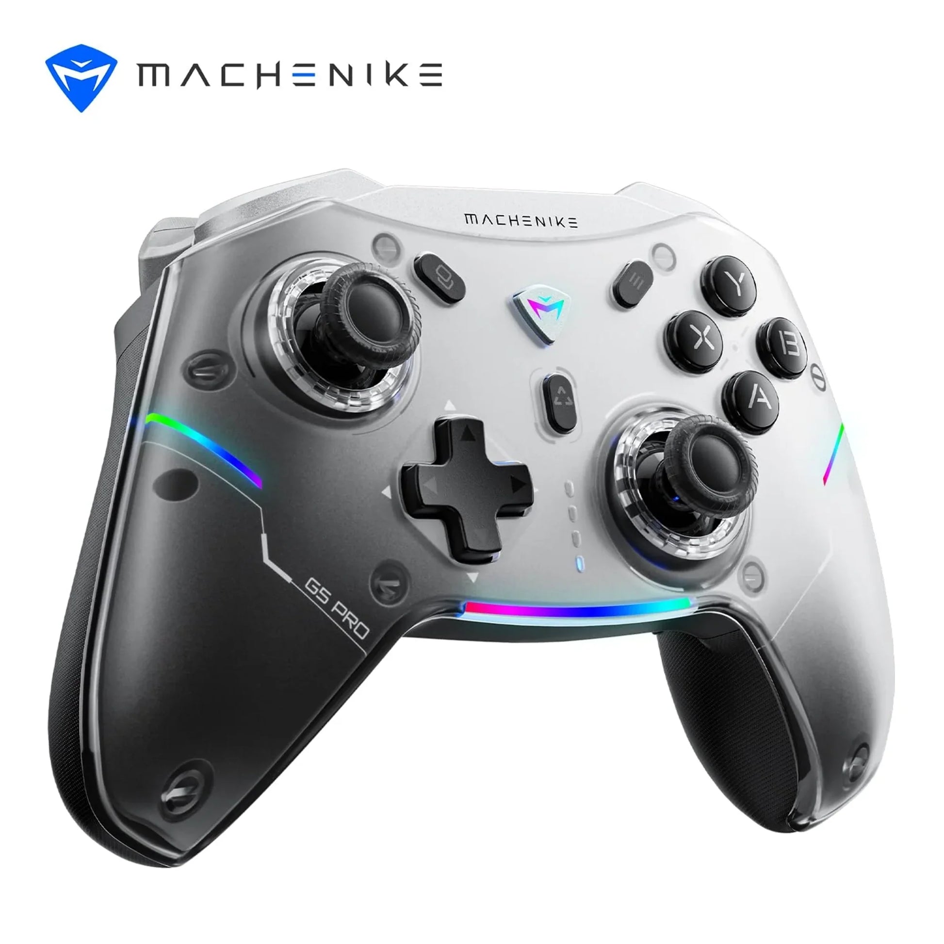 Machenike G5 Pro Tri-Mode Controller featuring Hall Effect analog sticks, Hall Effect triggers, programmable back buttons, RGB lighting, Bluetooth 5.0, 2.4G wireless, USB connection, and precision gaming support for PC, Switch, iOS, Android, and mobile gameplay.