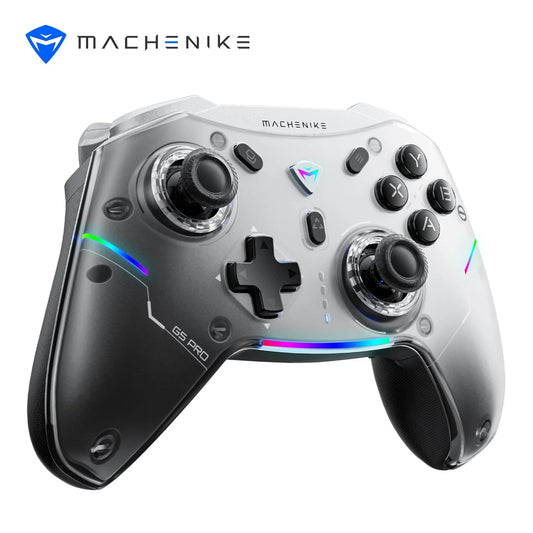 Machenike G5 Pro Tri-Mode Controller featuring Hall Effect analog sticks, Hall Effect triggers, programmable back buttons, RGB lighting, Bluetooth 5.0, 2.4G wireless, USB connection, and precision gaming support for PC, Switch, iOS, Android, and mobile gameplay.